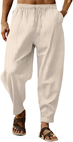 Men's Linen Pants Striped Casual Beach Vacation Slacks Open Bottom Drawstring Waist Relaxed Fit Trousers for Summer