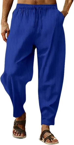 Men's Linen Pants Striped Casual Beach Vacation Slacks Open Bottom Drawstring Waist Relaxed Fit Trousers for Summer