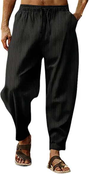 Men's Linen Pants Striped Casual Beach Vacation Slacks Open Bottom Drawstring Waist Relaxed Fit Trousers for Summer