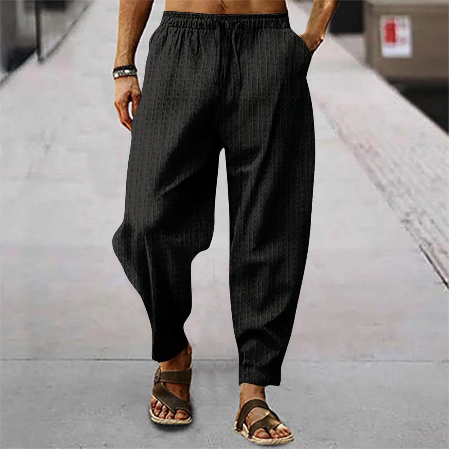 Men's Linen Pants Striped Casual Beach Vacation Slacks Open Bottom Drawstring Waist Relaxed Fit Trousers for Summer