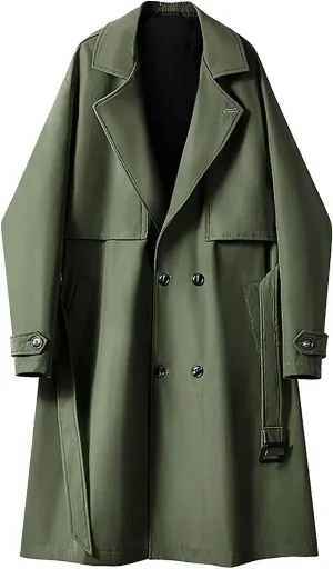 Men's Long Trench Windbreaker Coat Double Breasted Lapel Windproof Overcoat With Belt