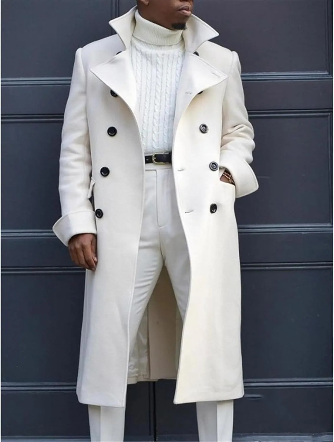 Mens Trench Coat Slim Fit Casual Double Breasted Long Pea Coat Casual Windbreaker Lapel Long Jacket Overcoat for Men