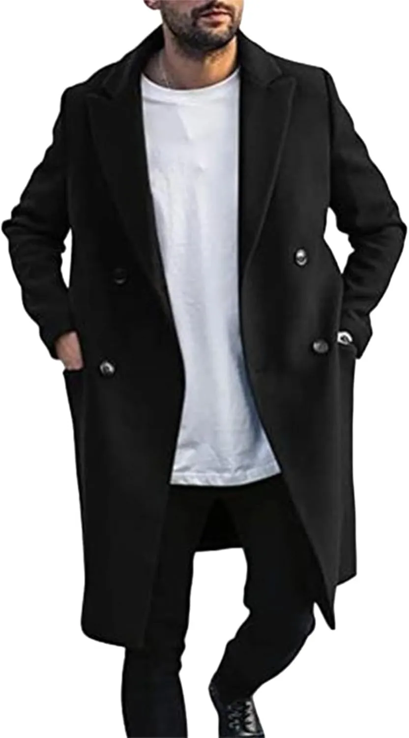 Men's Wool Blend Coat Notch Lapel Double Breasted Long Trench Coat Formal Pea Coats Warm Winter Overcoat with Pockets
