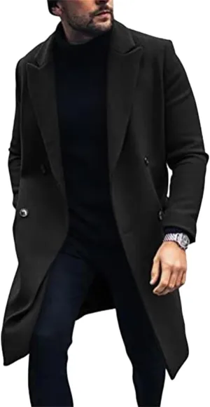 Men's Wool Blend Coat Notch Lapel Double Breasted Long Trench Coat Formal Pea Coats Warm Winter Overcoat with Pockets