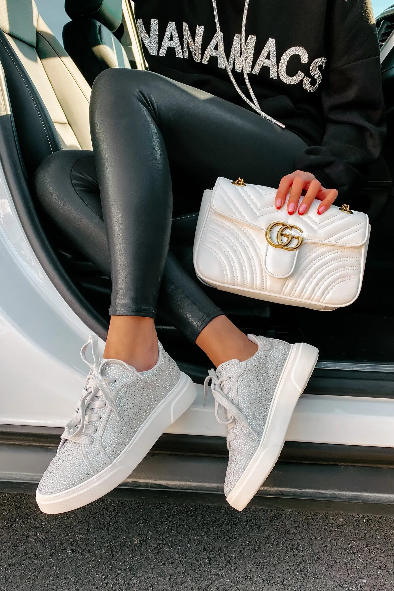 Moment In The Spotlight Madden Girl Lace-Up Rhinestone Sneakers (Grey)
