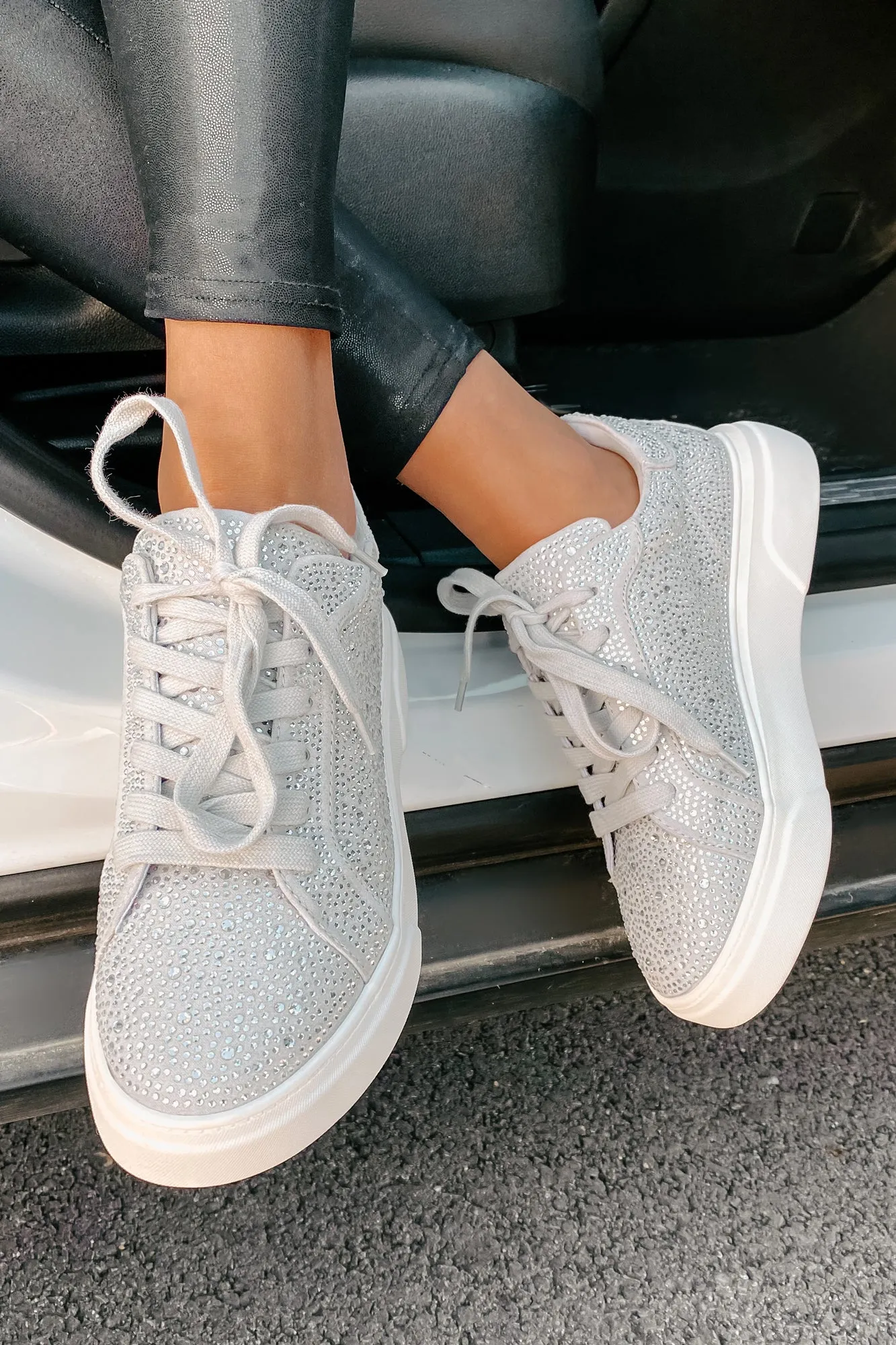 Moment In The Spotlight Madden Girl Lace-Up Rhinestone Sneakers (Grey)