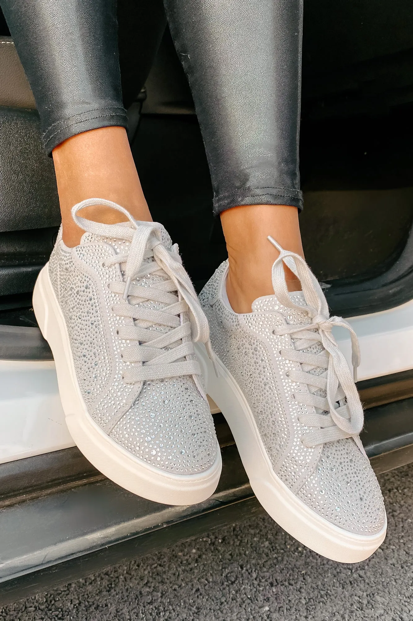 Moment In The Spotlight Madden Girl Lace-Up Rhinestone Sneakers (Grey)