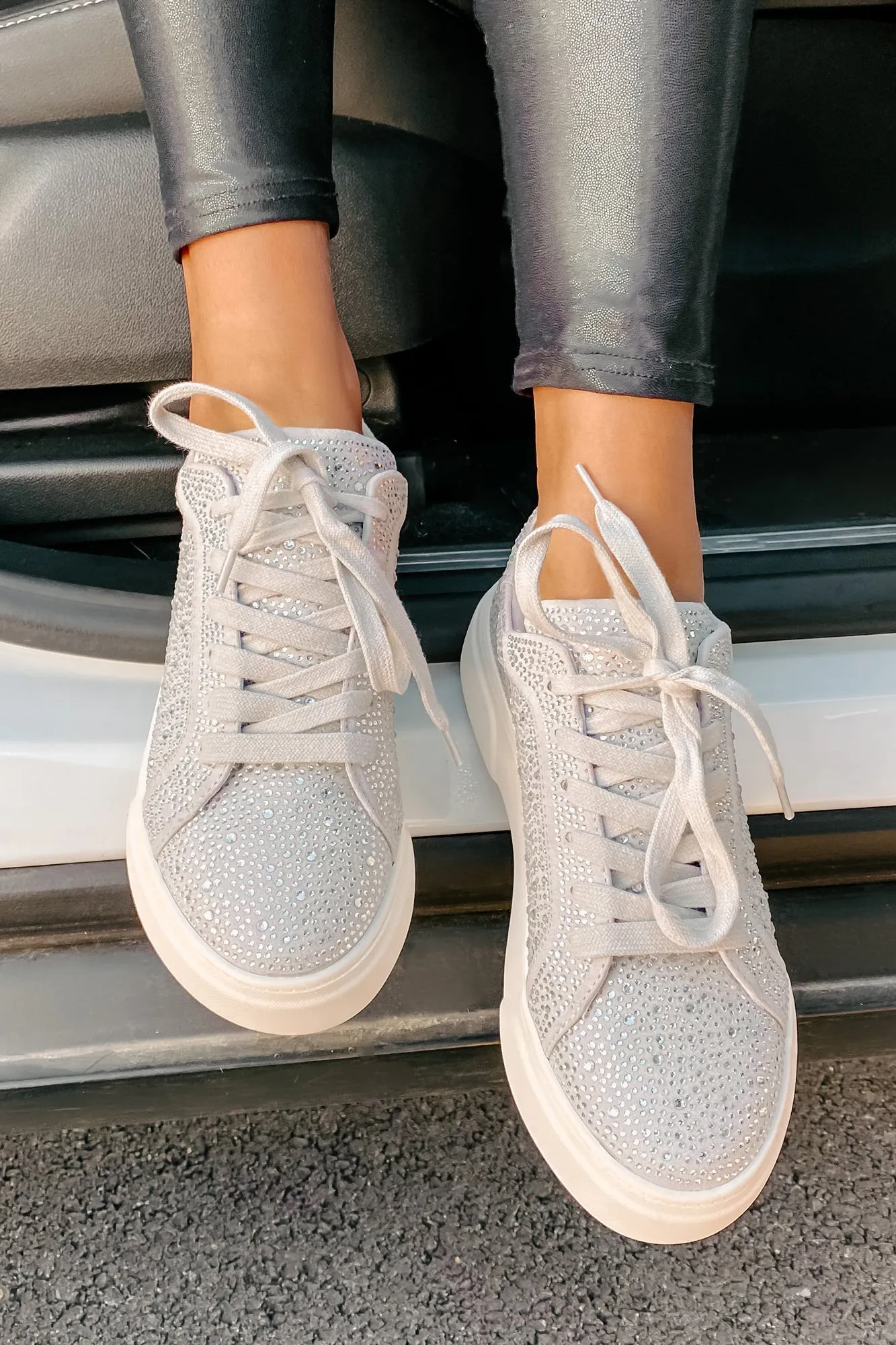 Moment In The Spotlight Madden Girl Lace-Up Rhinestone Sneakers (Grey)