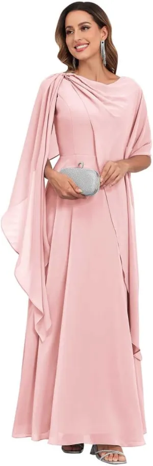 Mother of The Bride Dresses for Wedding Crew Neck A Line Corset Back Chiffon Long Formal Dress with Cape