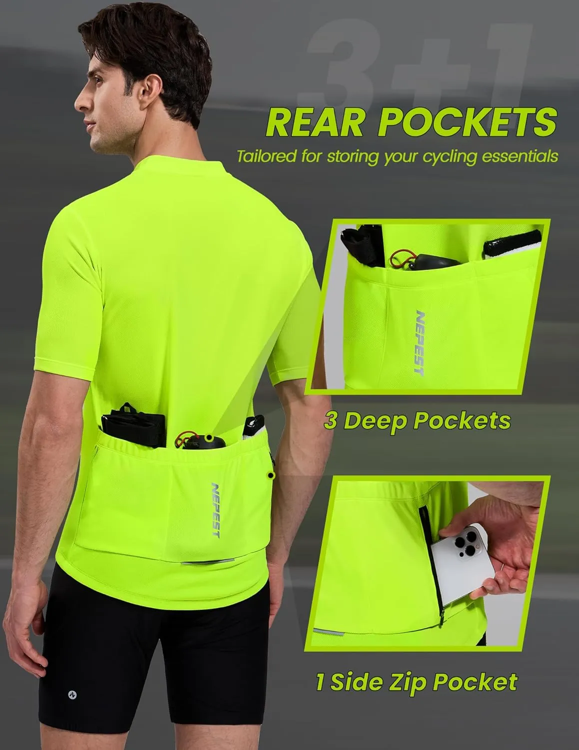 Nepest Cycling Jersey Men Short Sleeve Bike Shirts with 4 Rear Pockets Moisture Wicking Half Zip Road & Mountain Biking