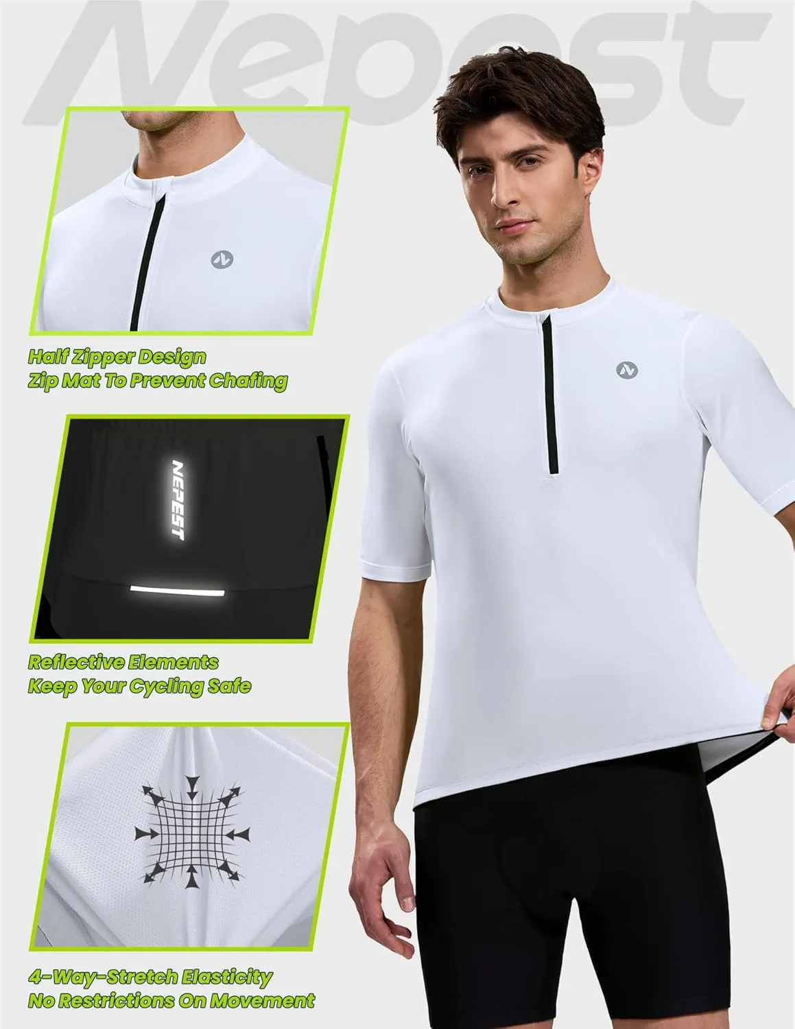 Nepest Cycling Jersey Men Short Sleeve Bike Shirts with 4 Rear Pockets Moisture Wicking Half Zip Road & Mountain Biking