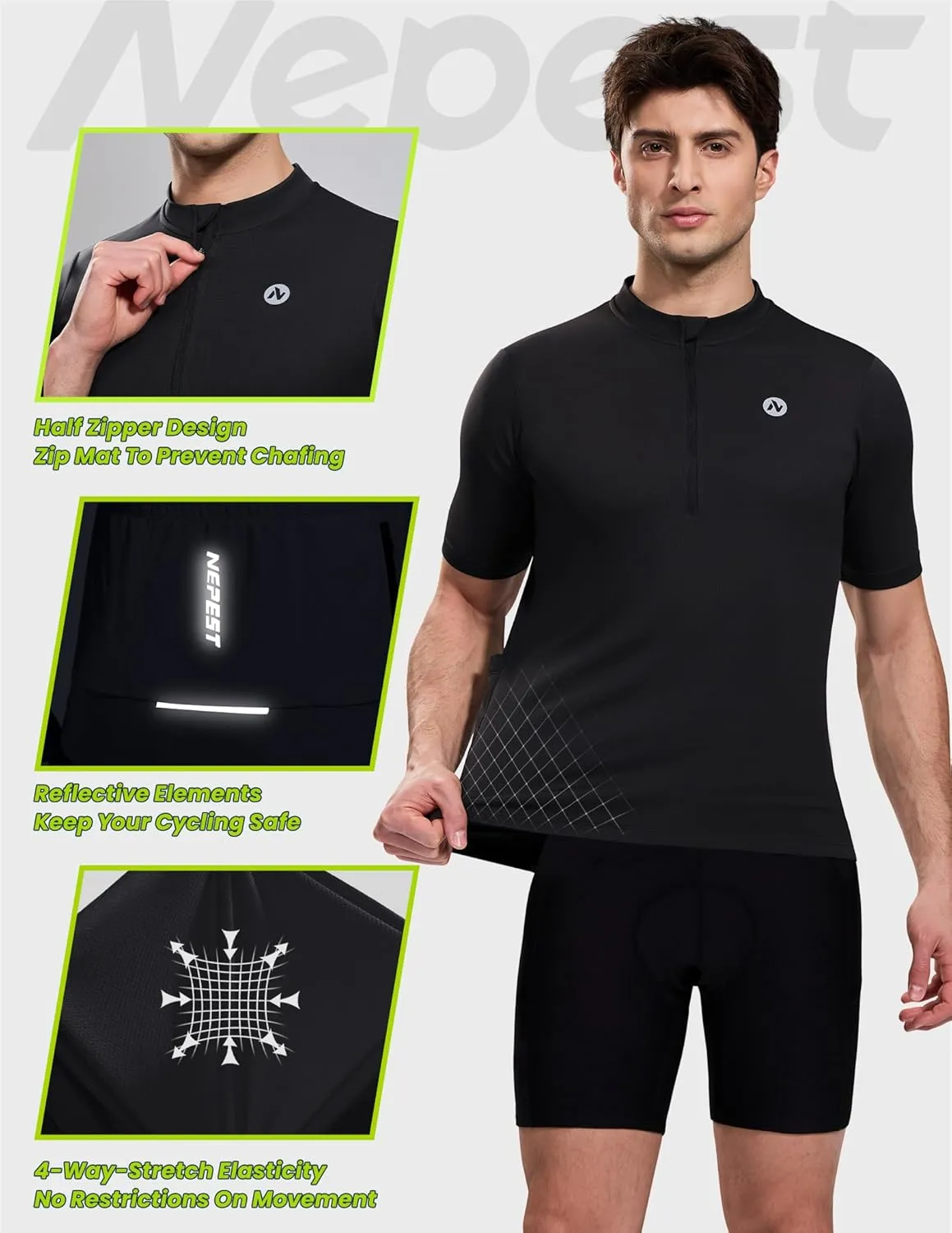 Nepest Cycling Jersey Men Short Sleeve Bike Shirts with 4 Rear Pockets Moisture Wicking Half Zip Road & Mountain Biking