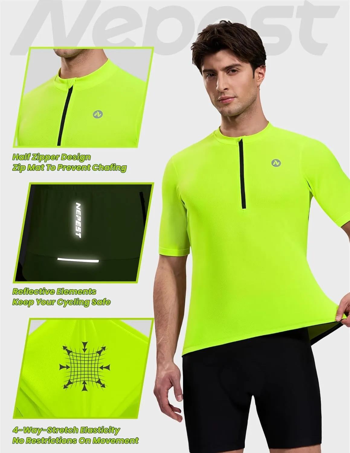 Nepest Cycling Jersey Men Short Sleeve Bike Shirts with 4 Rear Pockets Moisture Wicking Half Zip Road & Mountain Biking