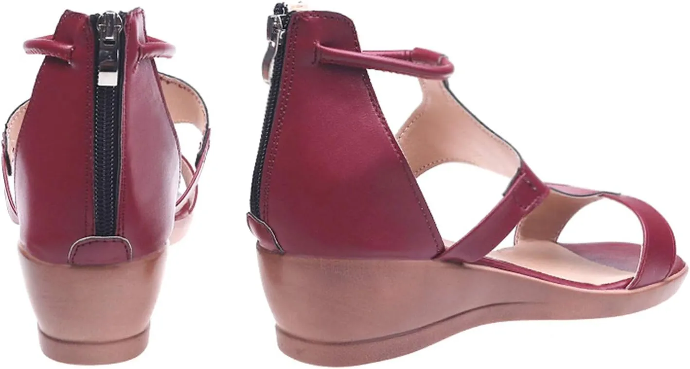 oiangi Hollow Wedge Sandals for Women Casual Summer Fish Mouth Open Toe Back Zipper Sandals Solid Color Comfortable Breathable Ladies Outdoor Shoes