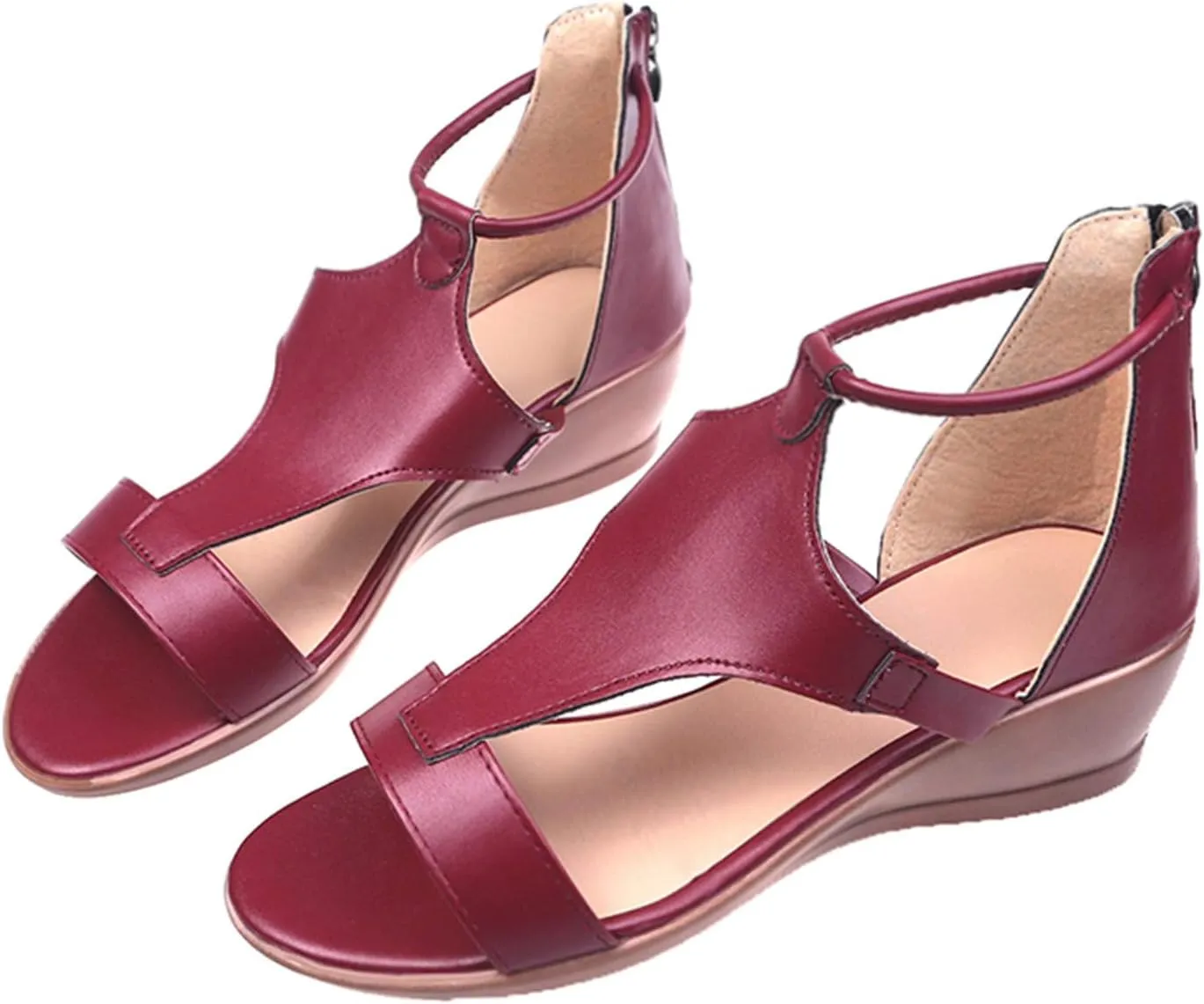 oiangi Hollow Wedge Sandals for Women Casual Summer Fish Mouth Open Toe Back Zipper Sandals Solid Color Comfortable Breathable Ladies Outdoor Shoes