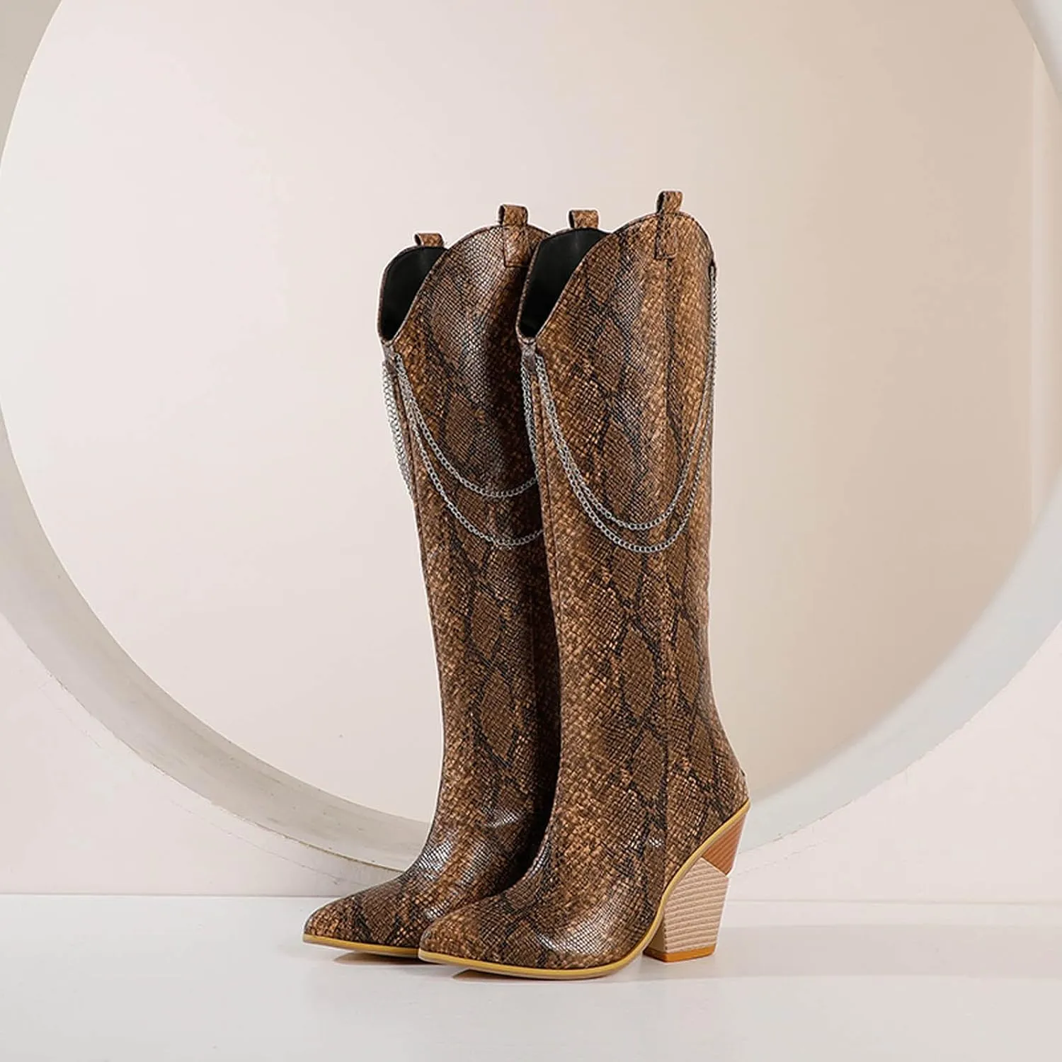 oiangi Womens Snake Print Western Boots - Fashion Back Zipper Metal Chain Chunky High Heel Mid Calf Boots Casual Trendy Stacked Heel Leather Shoes