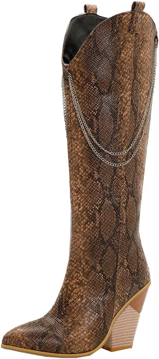oiangi Womens Snake Print Western Boots - Fashion Back Zipper Metal Chain Chunky High Heel Mid Calf Boots Casual Trendy Stacked Heel Leather Shoes