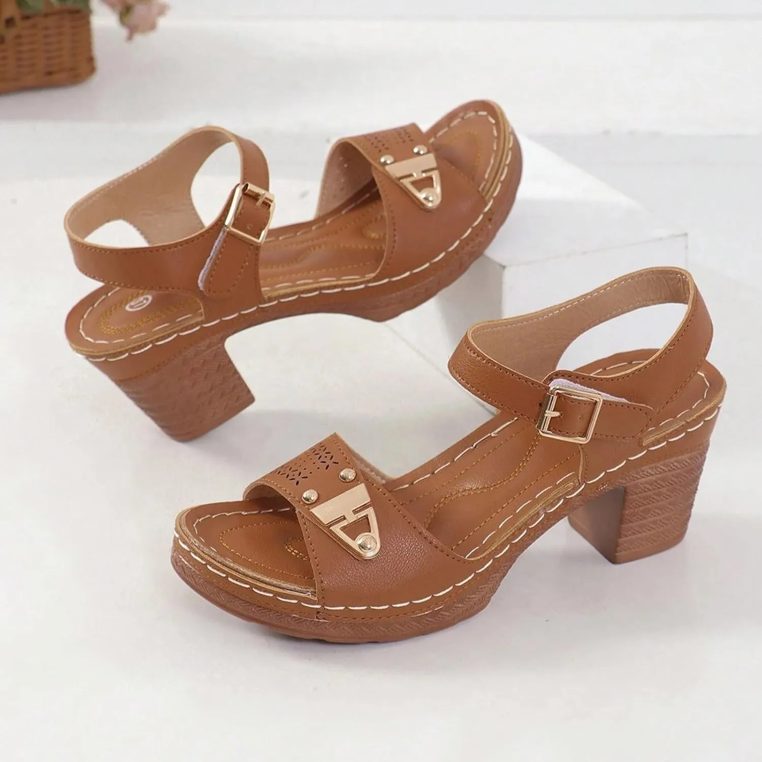 Open Toe Comfy Wedge Orthopedic Sandals for Women 2025,Floral Block Chunky Platform Summer Heeled Sandals Ankle Strappy Corks Heels for Women Dress Beach Vacation Shoes
