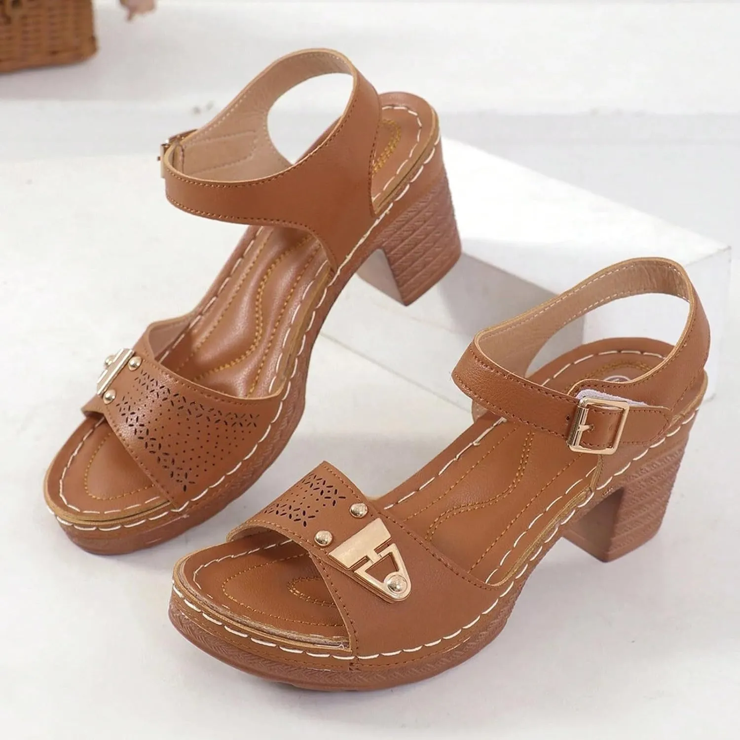Open Toe Comfy Wedge Orthopedic Sandals for Women 2025,Floral Block Chunky Platform Summer Heeled Sandals Ankle Strappy Corks Heels for Women Dress Beach Vacation Shoes