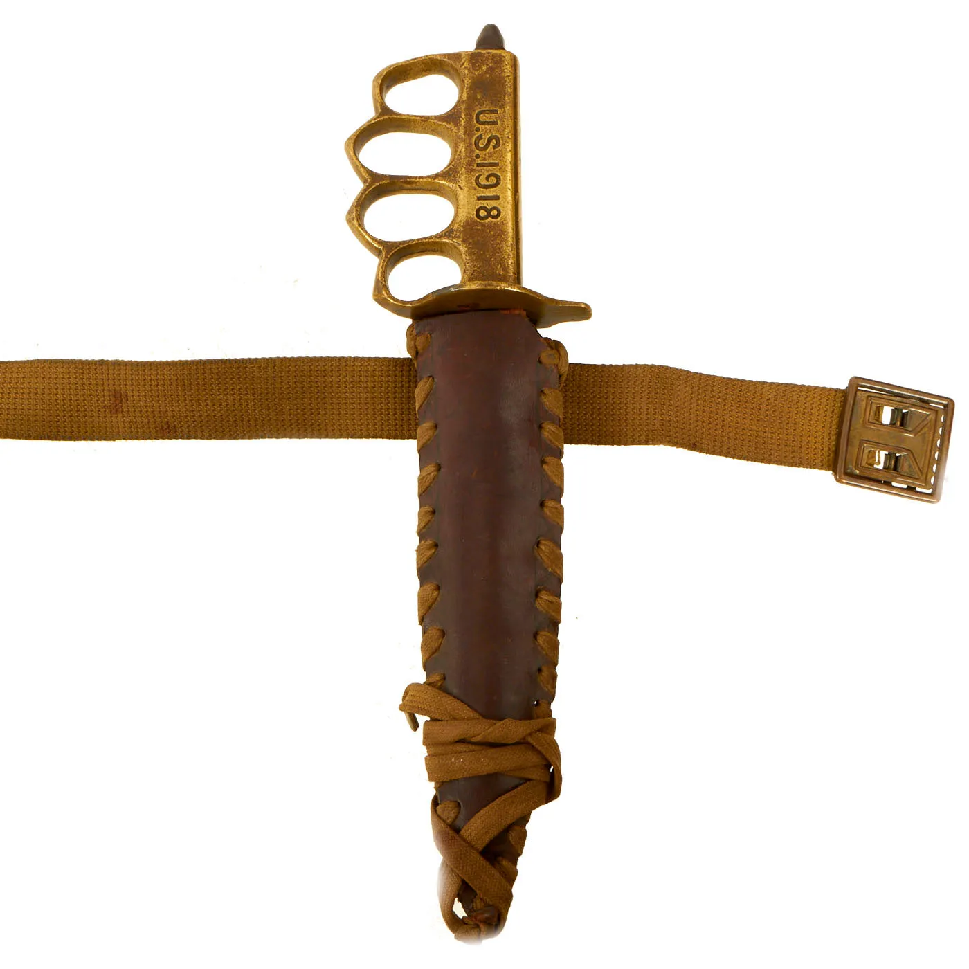 Original U.S. WWI/WWII Named Model 1918 Mark 1 Trench Knife Paratrooper Modified with 44th Infantry Division Marked Custom Leather Scabbard - Au Lion