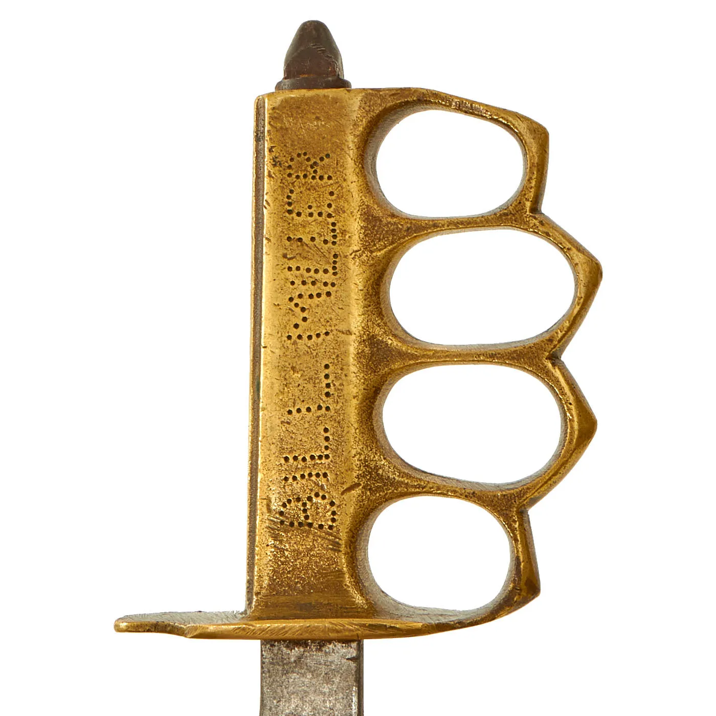 Original U.S. WWI/WWII Named Model 1918 Mark 1 Trench Knife Paratrooper Modified with 44th Infantry Division Marked Custom Leather Scabbard - Au Lion
