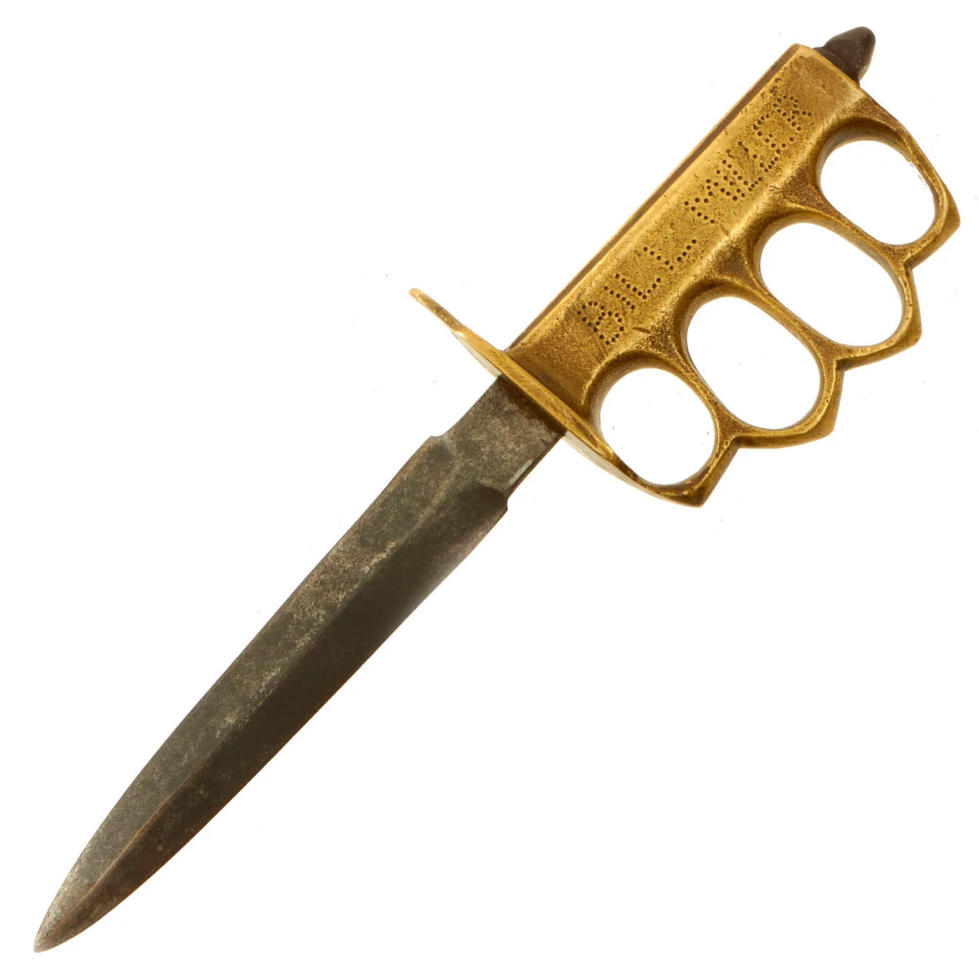 Original U.S. WWI/WWII Named Model 1918 Mark 1 Trench Knife Paratrooper Modified with 44th Infantry Division Marked Custom Leather Scabbard - Au Lion
