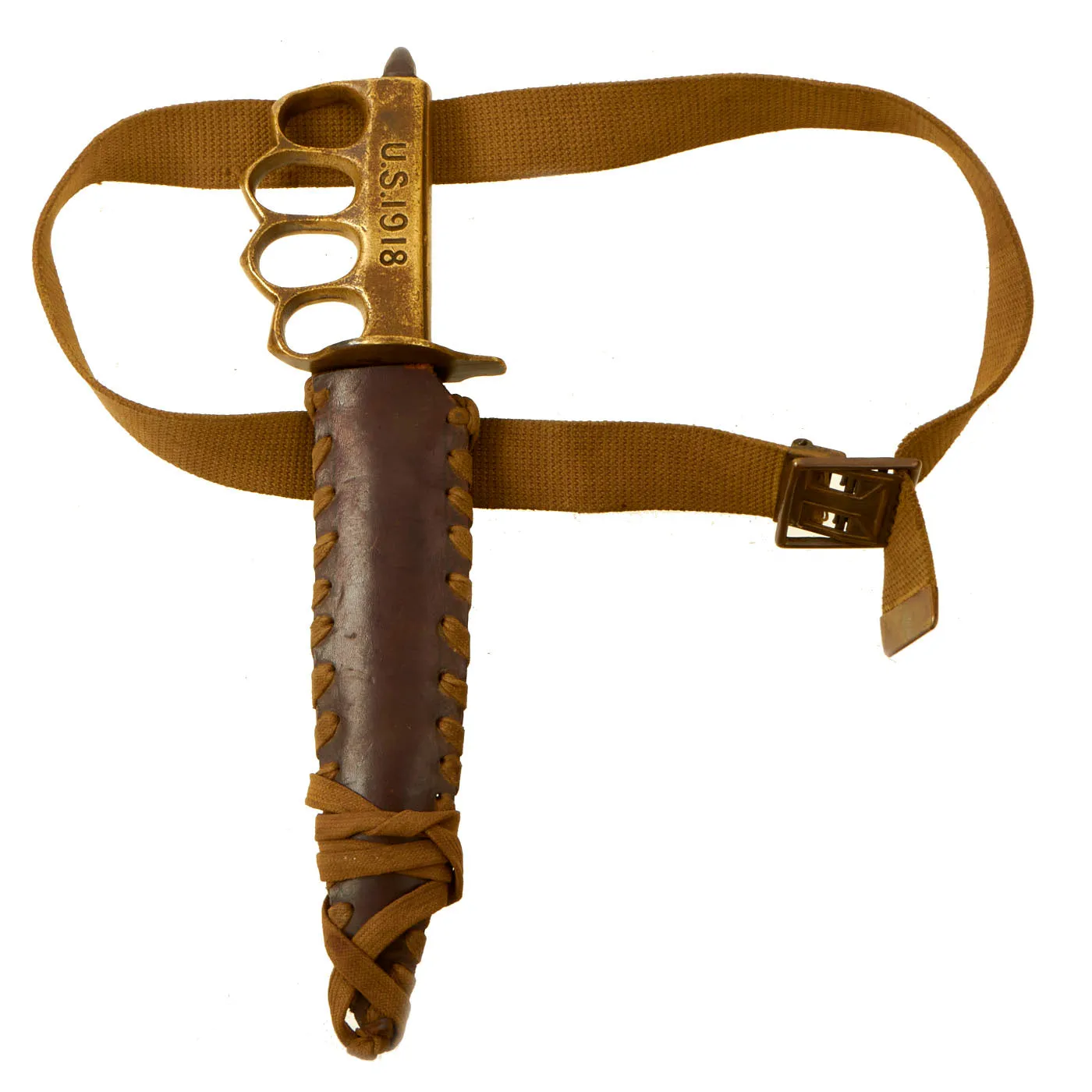 Original U.S. WWI/WWII Named Model 1918 Mark 1 Trench Knife Paratrooper Modified with 44th Infantry Division Marked Custom Leather Scabbard - Au Lion