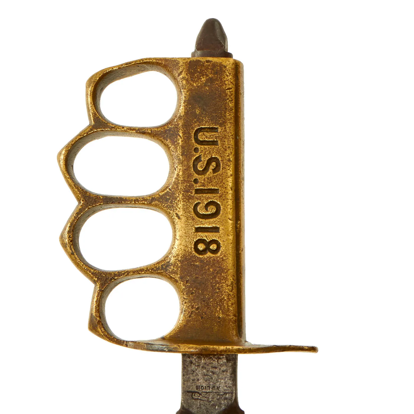Original U.S. WWI/WWII Named Model 1918 Mark 1 Trench Knife Paratrooper Modified with 44th Infantry Division Marked Custom Leather Scabbard - Au Lion