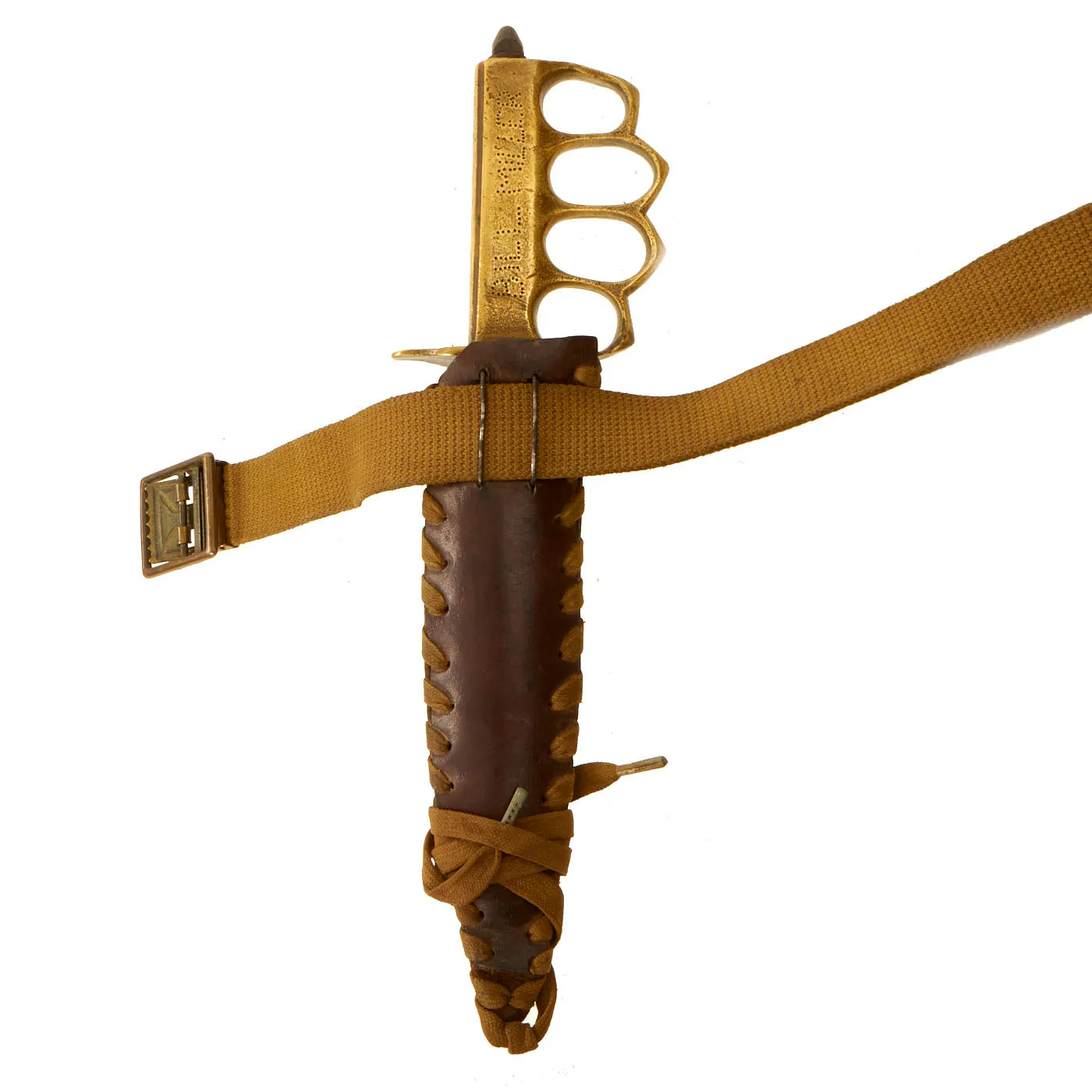 Original U.S. WWI/WWII Named Model 1918 Mark 1 Trench Knife Paratrooper Modified with 44th Infantry Division Marked Custom Leather Scabbard - Au Lion