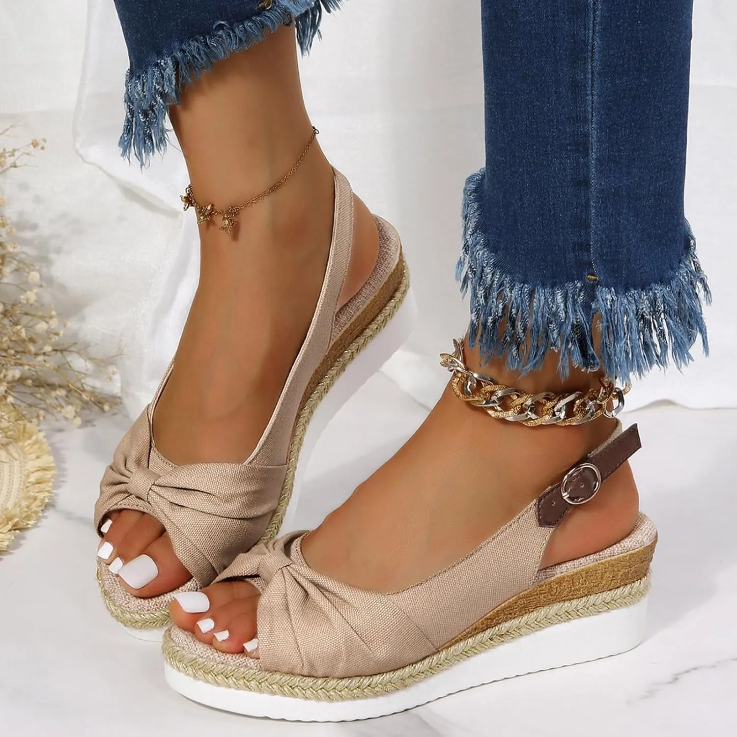 Orthopedic Platform Sandals for Women Bowknot Open Toe Ankle Strap Espadrille Wedge Heels Comfort 2025 Walking Casual Dressy Wide Wedge Soft & Stylish Beach Slip on Sandals with Arch Support
