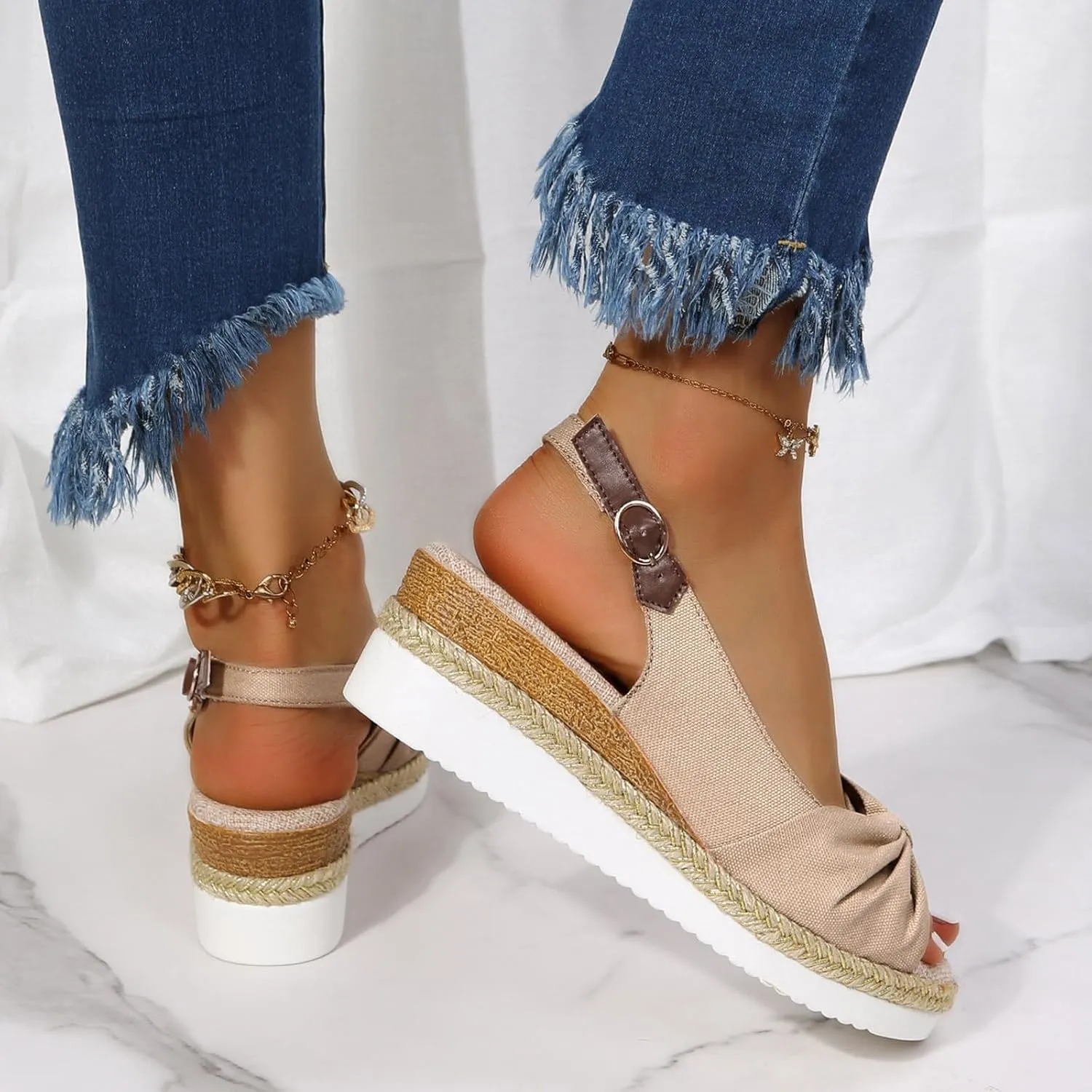 Orthopedic Platform Sandals for Women Bowknot Open Toe Ankle Strap Espadrille Wedge Heels Comfort 2025 Walking Casual Dressy Wide Wedge Soft & Stylish Beach Slip on Sandals with Arch Support