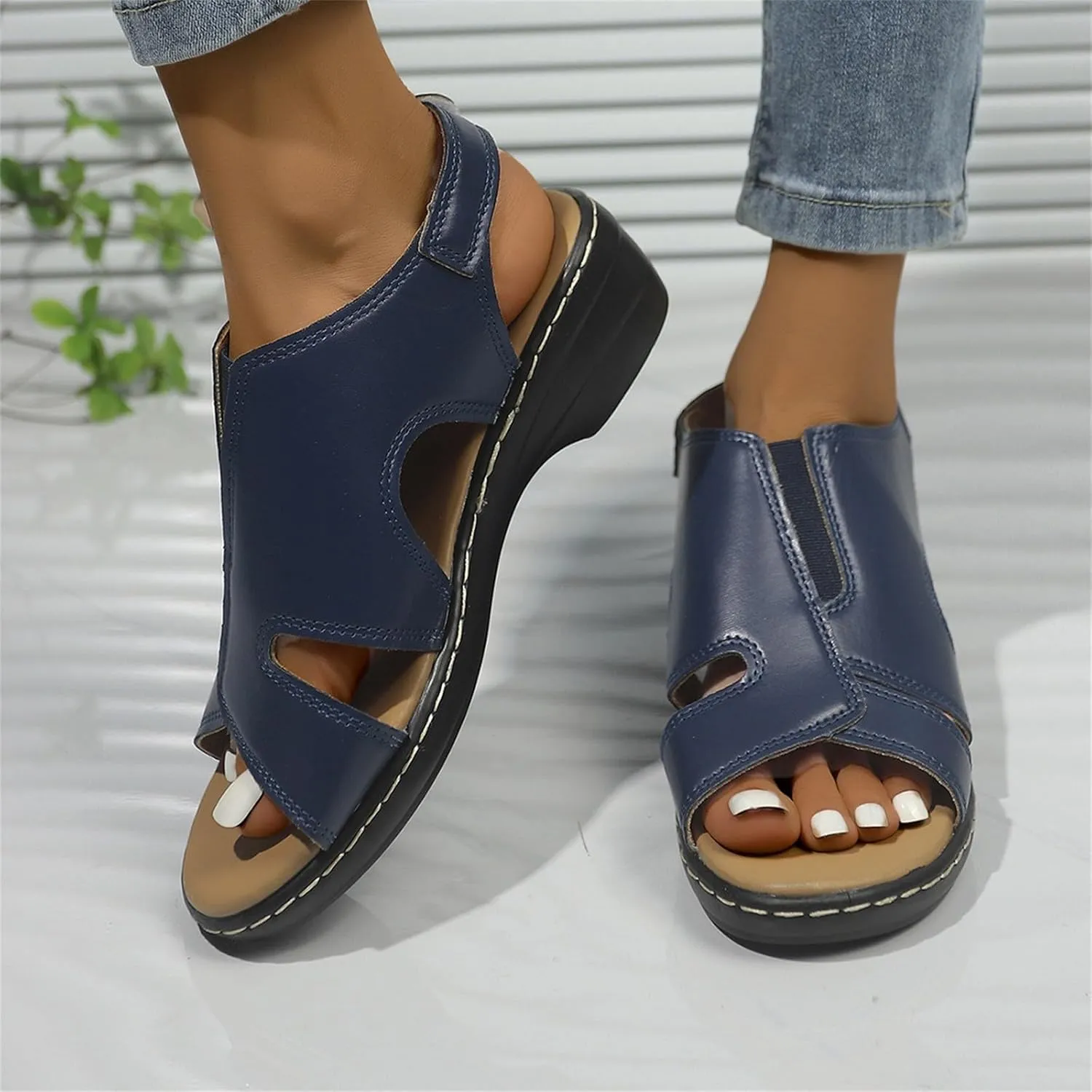 Orthopedic Sandals for Women Open Toe Arch Support Slides Low Wedge Sandals With Adjustable Hook Loop Slip On Walking Shoes