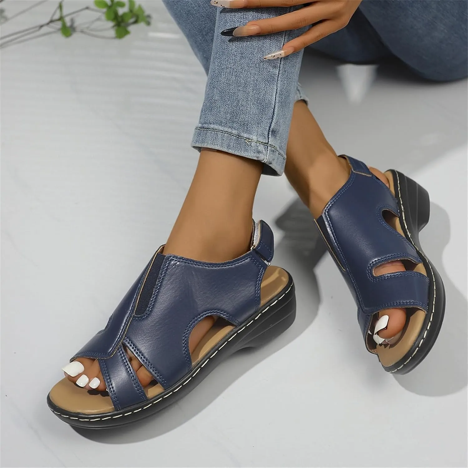 Orthopedic Sandals for Women Open Toe Arch Support Slides Low Wedge Sandals With Adjustable Hook Loop Slip On Walking Shoes