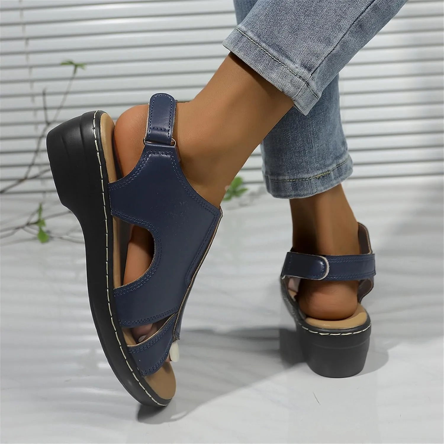 Orthopedic Sandals for Women Open Toe Arch Support Slides Low Wedge Sandals With Adjustable Hook Loop Slip On Walking Shoes