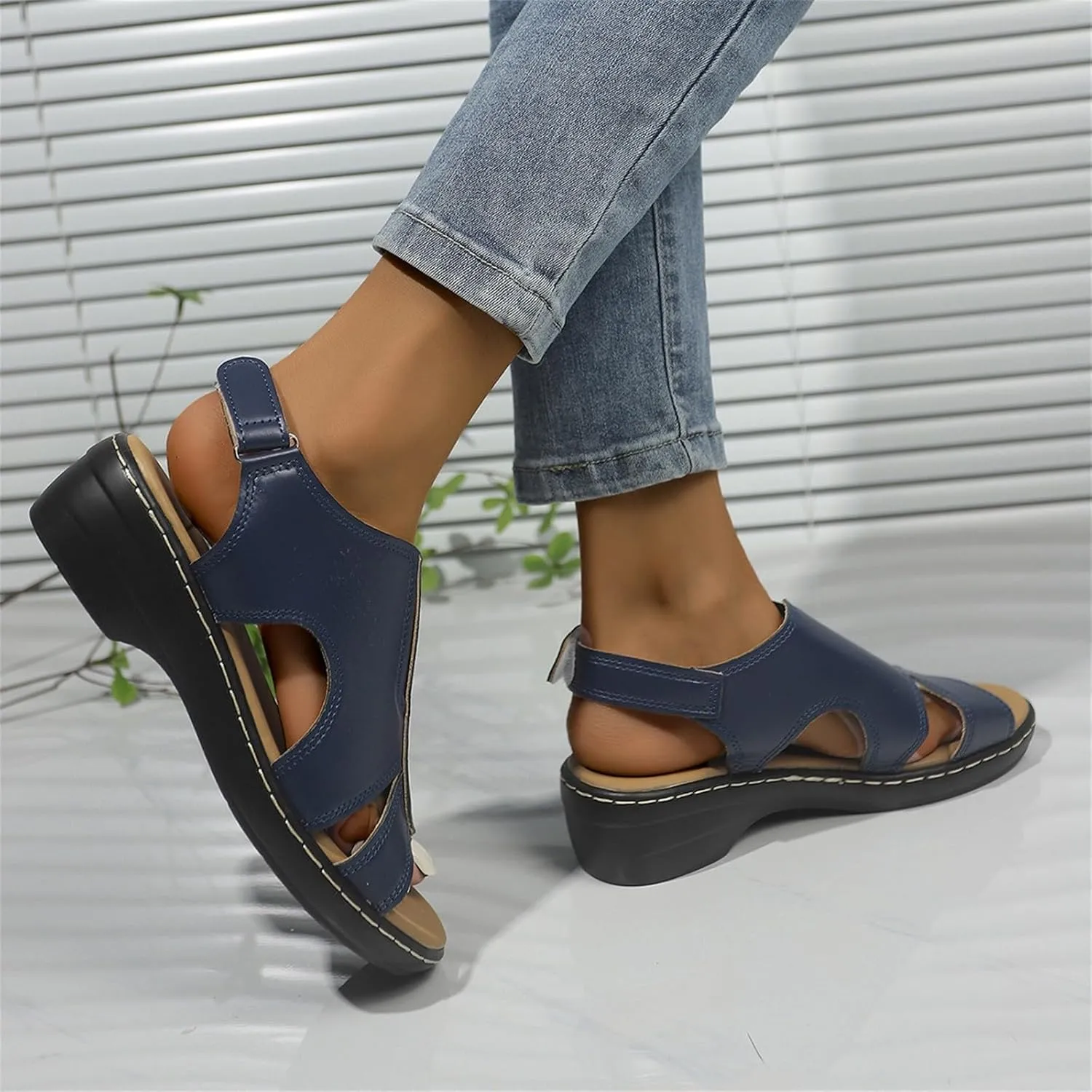Orthopedic Sandals for Women Open Toe Arch Support Slides Low Wedge Sandals With Adjustable Hook Loop Slip On Walking Shoes