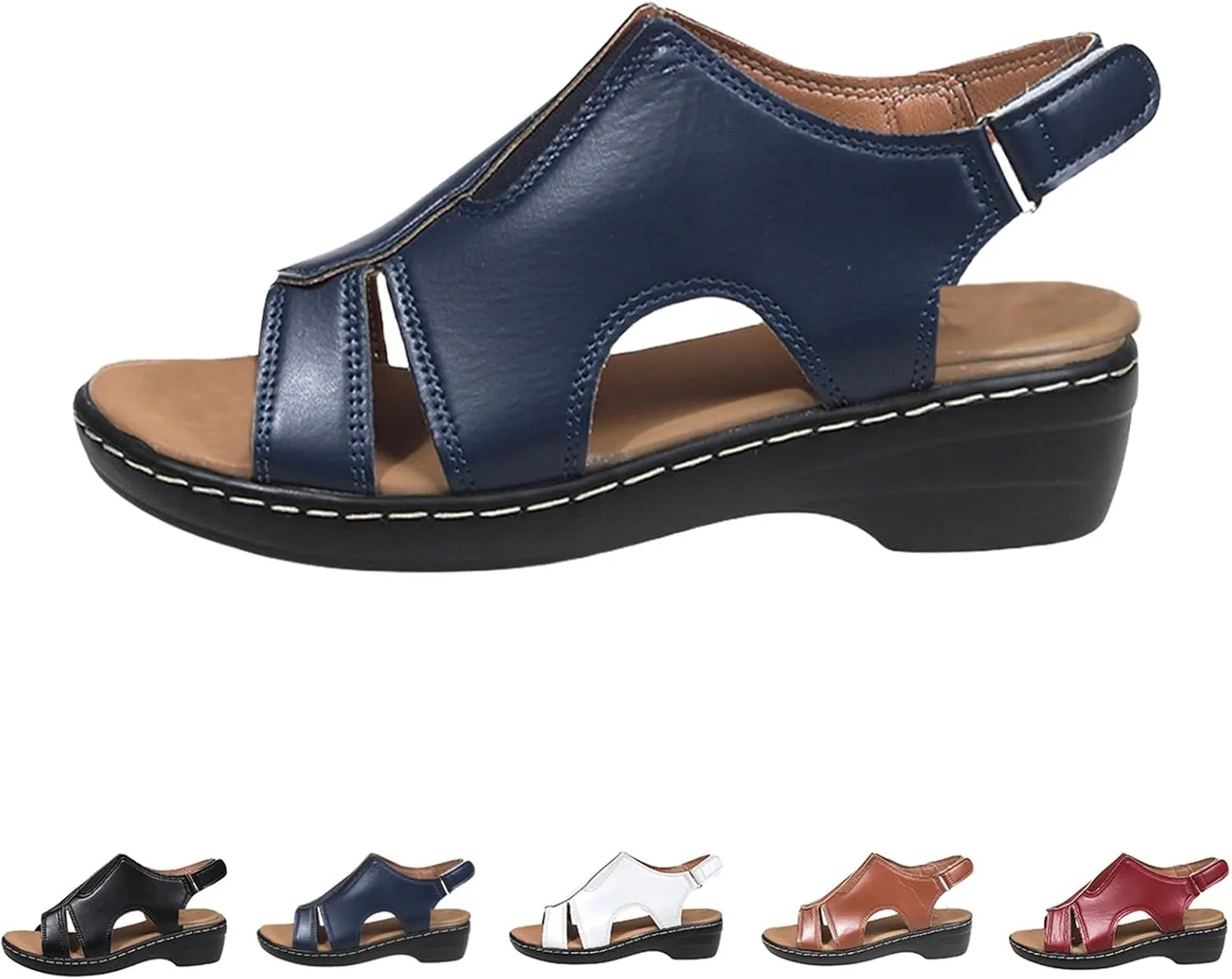 Orthopedic Sandals for Women Open Toe Arch Support Slides Low Wedge Sandals With Adjustable Hook Loop Slip On Walking Shoes