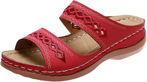Orthopedic Sandals for Women Summer Casual Vintage Embroidered Slippers, Comfortable Walking Low Sandals Two Band Slip on Wedge Sandal Outdoor Walking Shoes
