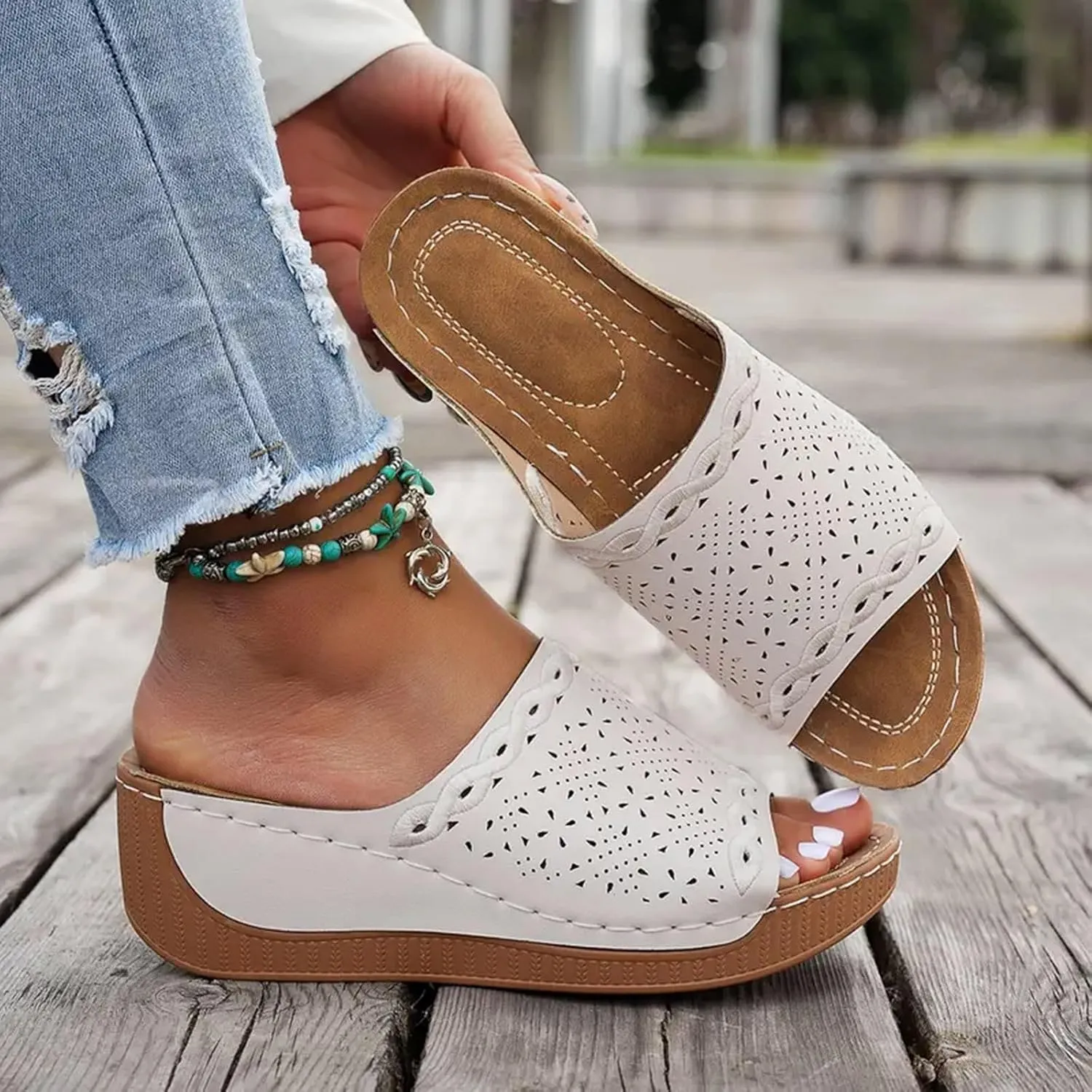 Orthopedic Wedge Sandals for Women 2025 Dressy Summer Comfortable Open Toe Walking Foot Arch Supports Hollow Out Plantar Fasciitis Bunion Non Slip-on Slides Beach Orthotic Cushion Womens Slide Shoes
