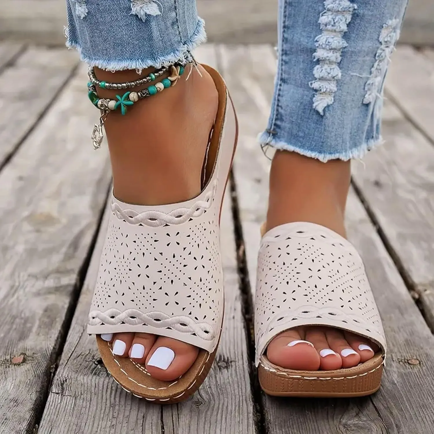 Orthopedic Wedge Sandals for Women 2025 Dressy Summer Comfortable Open Toe Walking Foot Arch Supports Hollow Out Plantar Fasciitis Bunion Non Slip-on Slides Beach Orthotic Cushion Womens Slide Shoes