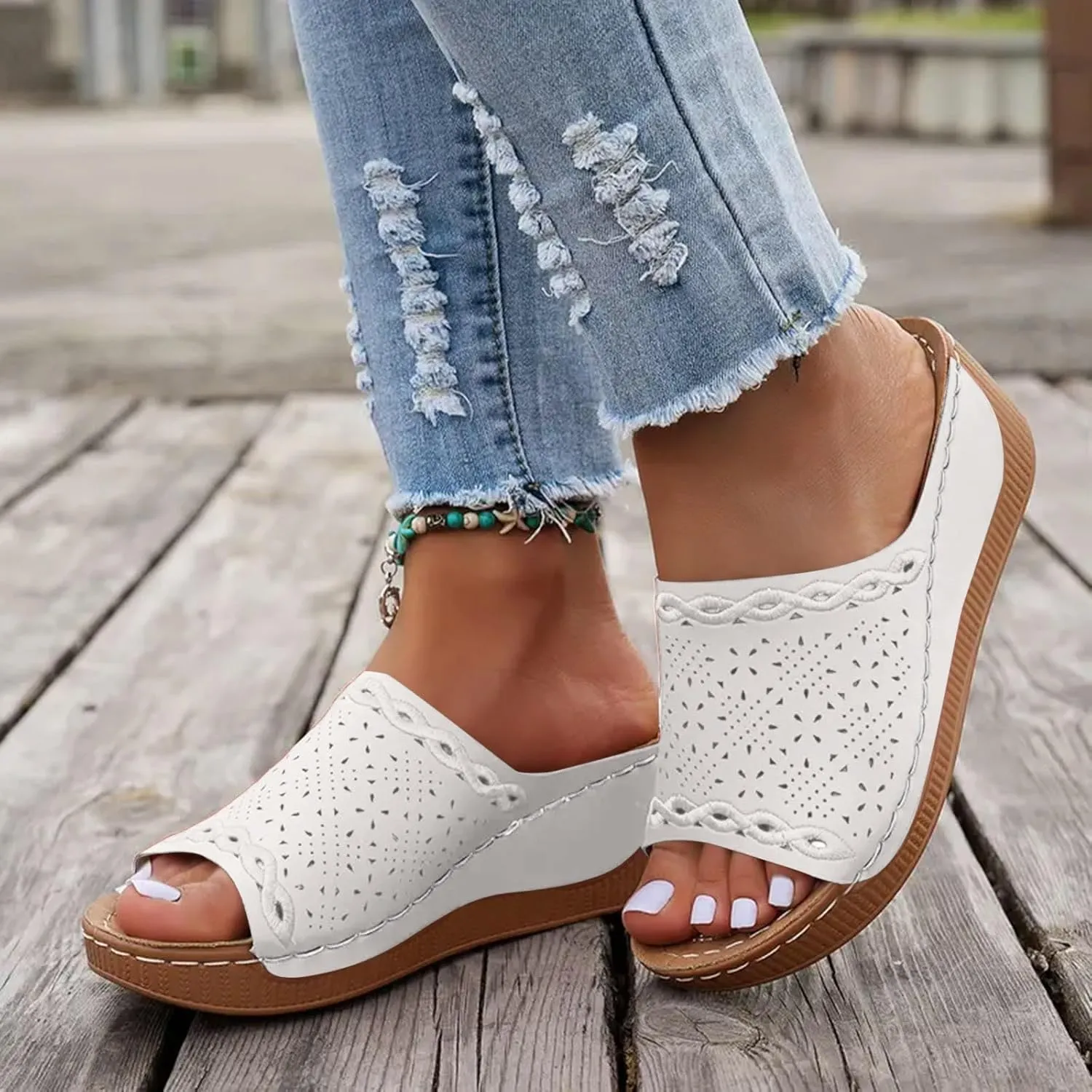Orthopedic Wedge Sandals for Women 2025 Dressy Summer Comfortable Open Toe Walking Foot Arch Supports Hollow Out Plantar Fasciitis Bunion Non Slip-on Slides Beach Orthotic Cushion Womens Slide Shoes