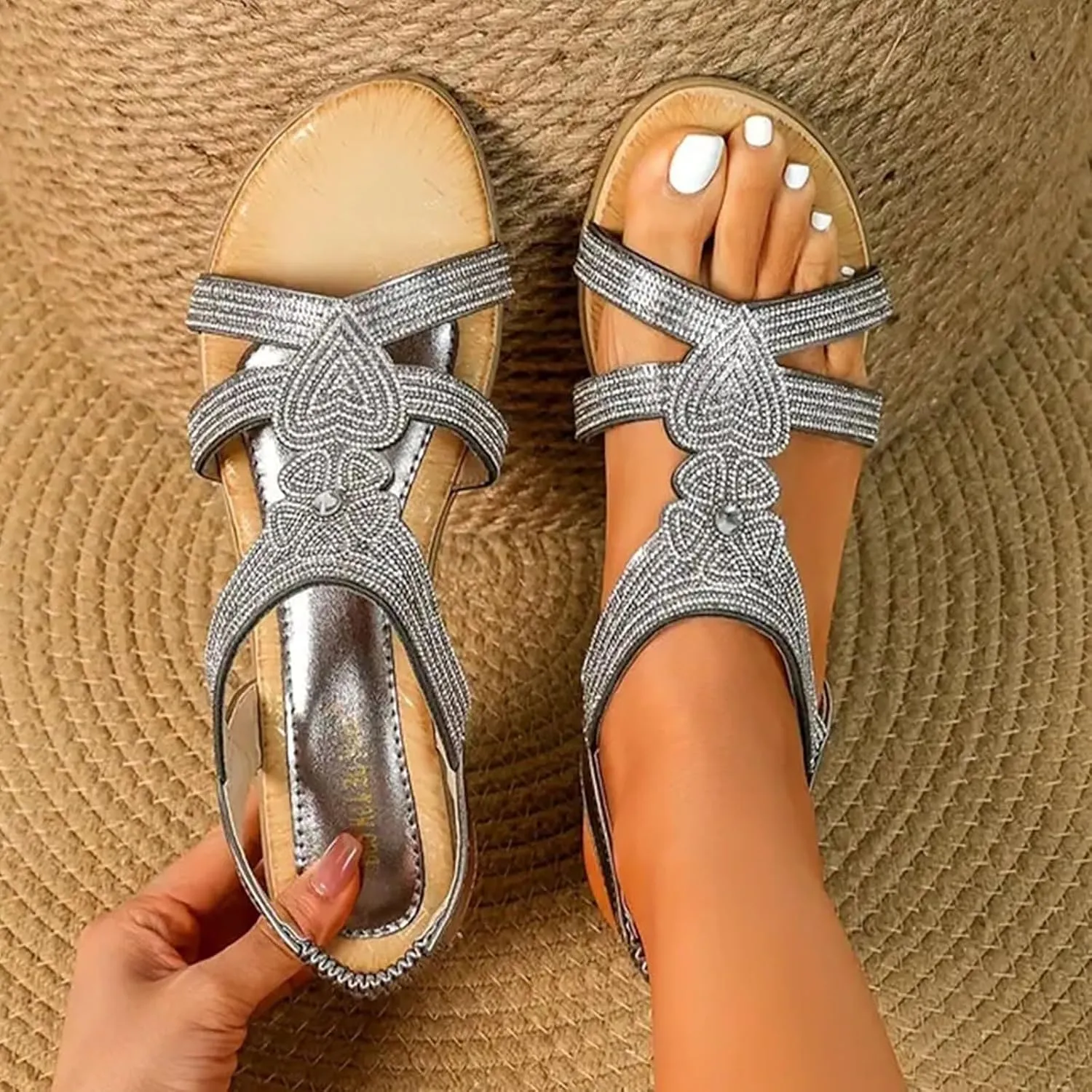 Orthopedic Wedge Sandals for Women Flower Low Heel Dressy Sandals Elastic Ankle Strap Rhinestone Summer Comfortable Shoes