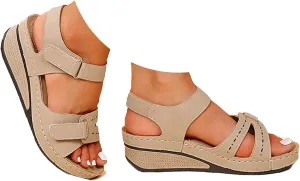 Orthopedic Wedge Sandals for Women Summer Dressy Open Toe Solid Color Adjustable Straps Sandals Low Heel Slip on Comfortable Outdoor Walking Sport Shoes