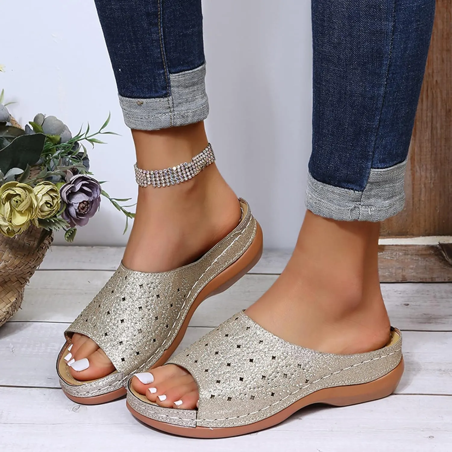 Orthotic Slippers with Arch Support Orthotic Wide Foot Sandals for Women Slide On Sandals for Women Dressy Orthotic Ladies Dress Sandals Low Heel Orthopedic Summer Sandals for Women 2025