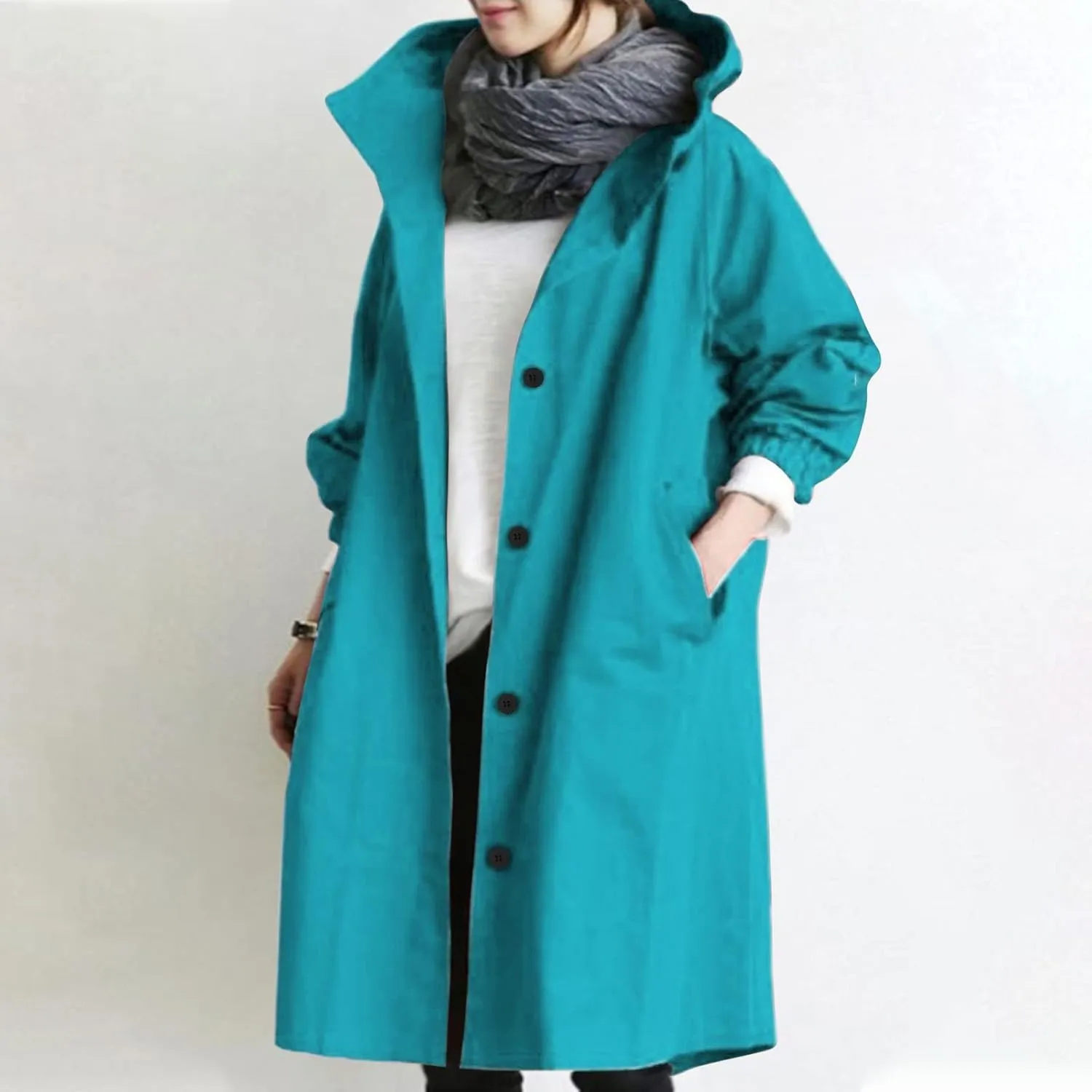 Plus Size Long Trench Jackets for Women Casual Button Down Waterproof Jacket Loose Lightweight Windbreaker Hooded Coats