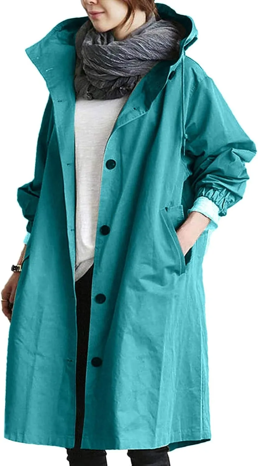 Plus Size Long Trench Jackets for Women Casual Button Down Waterproof Jacket Loose Lightweight Windbreaker Hooded Coats