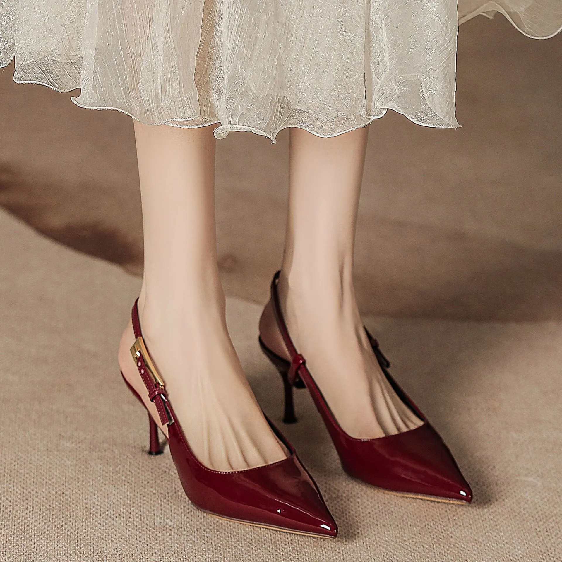 Point Toe Flare Heel Slingback Pumps