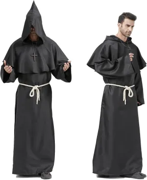 Priest Costume Adult Men,Halloween Costumes for Men 2024,Disfraces de Halloween para Hombres,Monk Costume Renaissance Medieval Hooded Friar Cloak Costume Cowl Robe(Black,XX-Large)