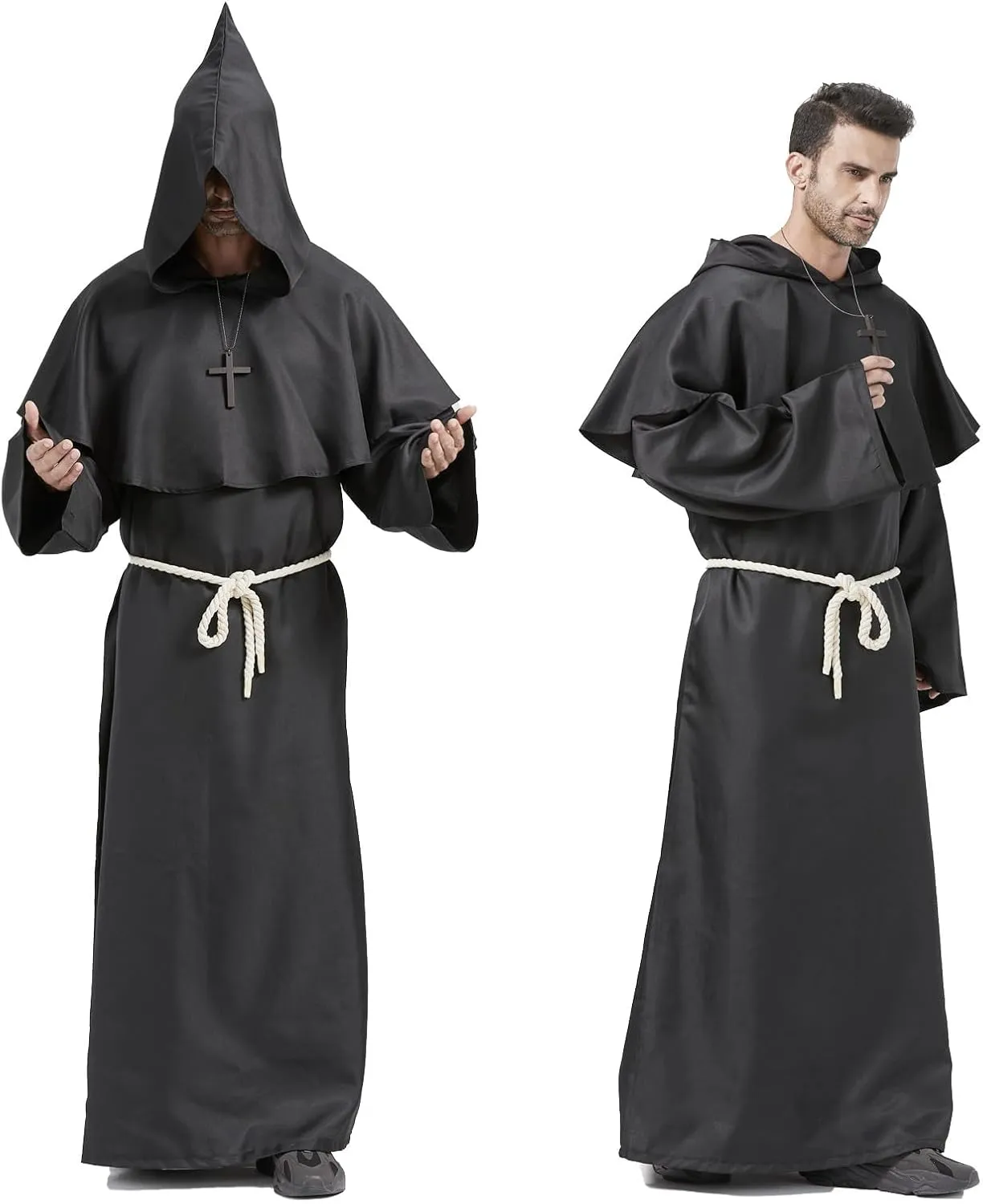 Priest Costume Adult Men,Halloween Costumes for Men 2024,Disfraces de Halloween para Hombres,Monk Costume Renaissance Medieval Hooded Friar Cloak Costume Cowl Robe(Black,XX-Large)