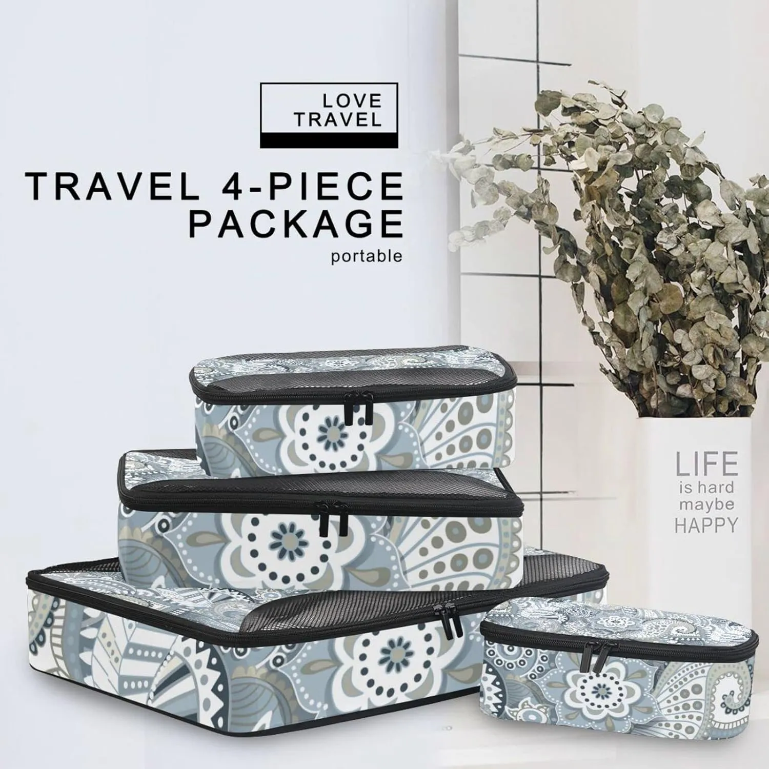 Retro Traditional Ancient Asian Elements Paisley Floral Flowers 4 Set Packing Cubes, Travel Packing Organizers, 600D Oxford Cloth Toiletry Storage Bag, Luggage Mesh Bags for Accessories