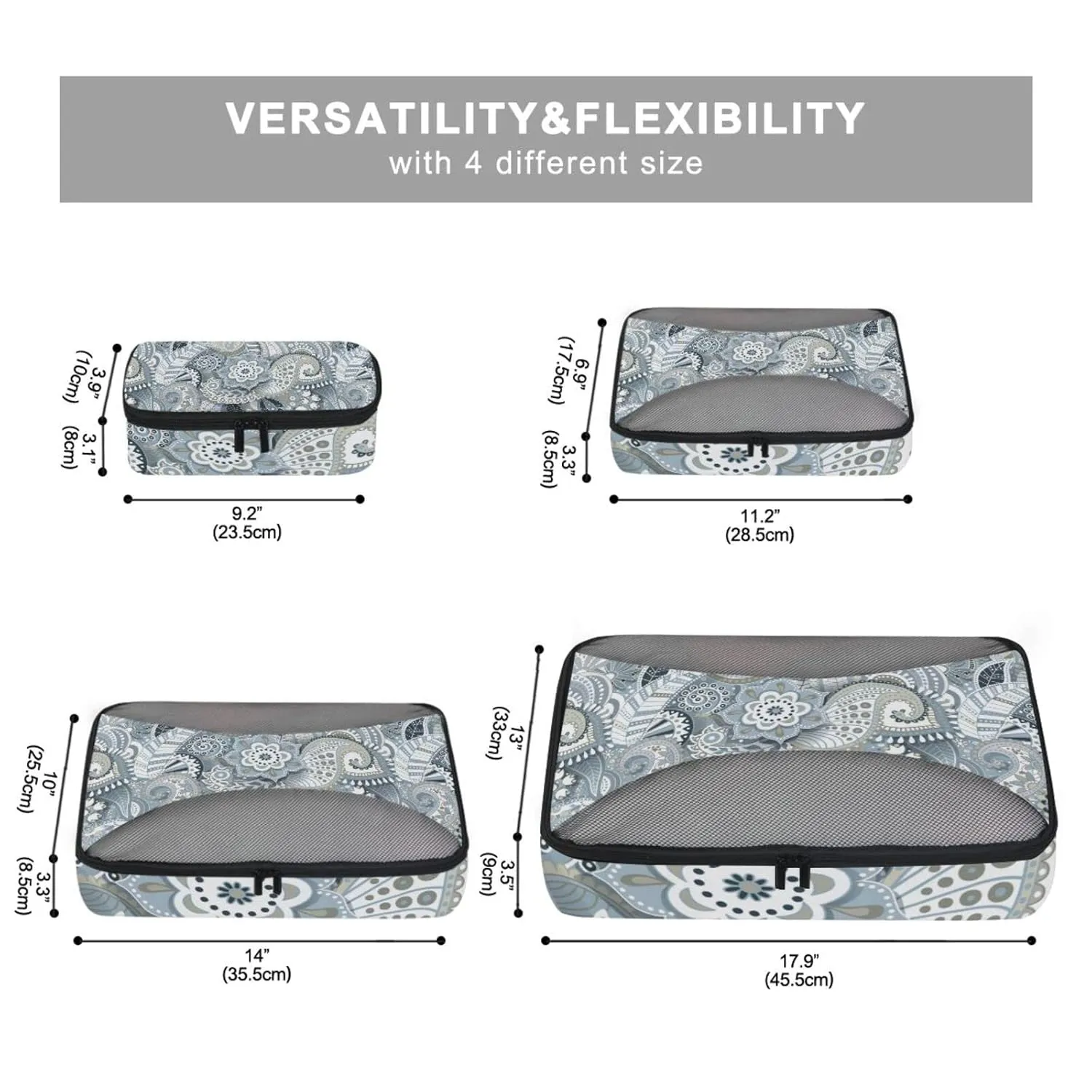 Retro Traditional Ancient Asian Elements Paisley Floral Flowers 4 Set Packing Cubes, Travel Packing Organizers, 600D Oxford Cloth Toiletry Storage Bag, Luggage Mesh Bags for Accessories